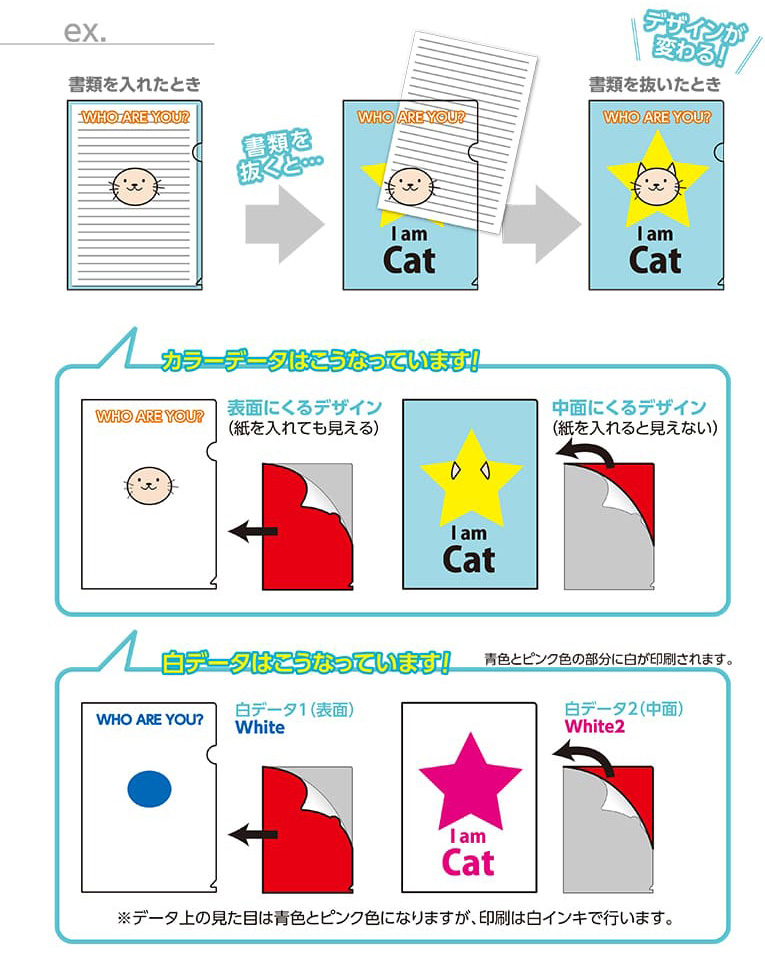 書類を入れた時 書類を抜くと 書類を抜いたときデザインが変わる! カラー版はこうなっています!表面にくるデザイン(紙を入れても見える) 中面にくるデザイン(紙を入れると見えない) 白版はこうなっています! 青色とピンク色の部分に白が印刷されます。白データ1(表面) 白データ2(中面)