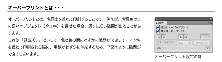 オーバープリントとは、色同士を重ねて印刷すること。例えば、背景色の上に黒いオブジェクト(や文字)を乗せた場合、周りに細かい隙間が出ることがあります。これは「見当ズレ」といって、色と色の間にわずかに隙間ができます。インキを重ねて印刷される際に、用紙がわずかに伸縮するため、下図のように隙間ができてしまいます。