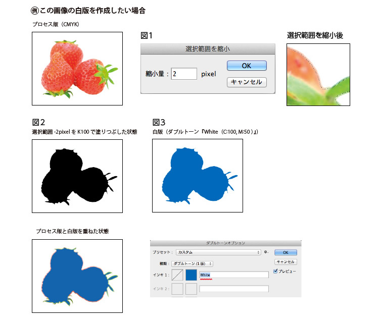 例 この画像の白版を作成したい場合、図1:選択範囲を縮小後、図2:選択範囲-2pixelをK100で塗りつぶした状態、図3:白版(ダブルトーン「White (C100,M50)」)