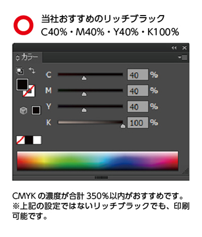 当社おすすめのリッチブラックC40%M40%Y40%K100% CMYKの濃度が合計350%以内がおすすめ。