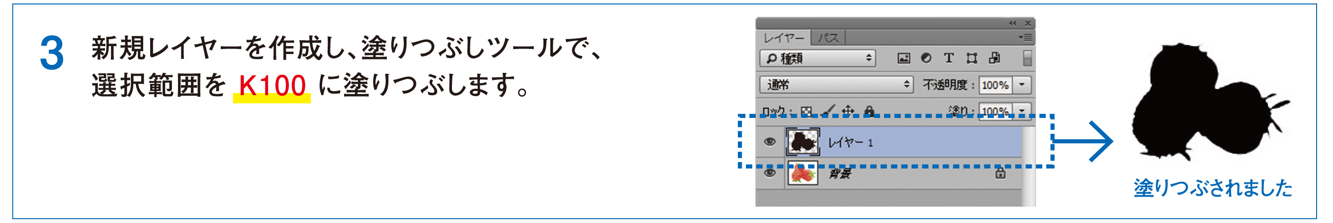 3 新規レイヤーを作成し、塗りつぶしツールで、選択範囲をK100に塗りつぶします。