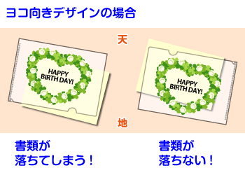ヨコ向きデザインの場合 書類が落ちてしまう! 書類が落ちない!